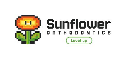 Sunflower Orthodontics logo with pixelated sunflower and "Level up" graphic.